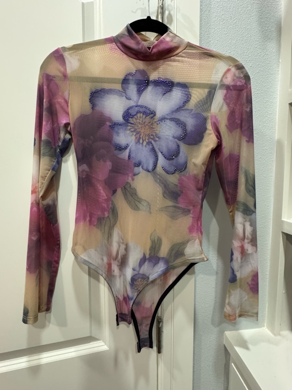 a'gaci Sheer Floral Mesh Bodysuit in Purple, Pink and Cream